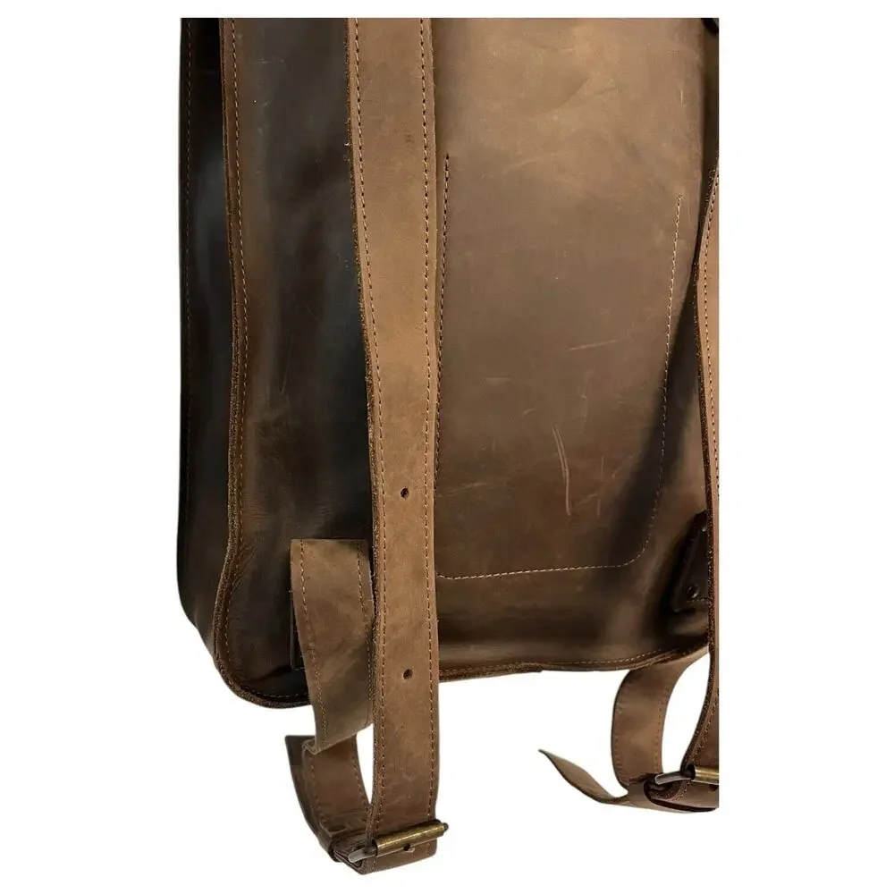 Leather Handmade Backpack Laptop Flap Closure Adjustable Clasp Unisex Brown